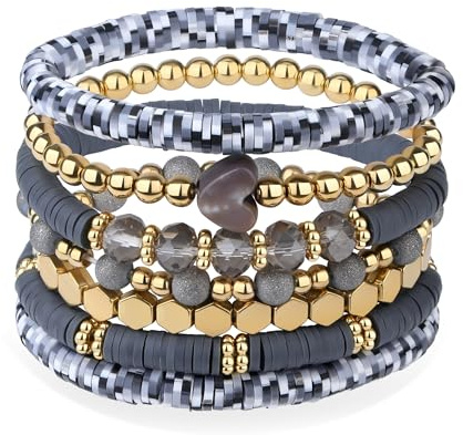 Sahoottie Bunte Stapelbares Freundschaftsarmbänder Set für Damen Bohemian Stil Surferarmband Damen Polymer Clay Perlen Armbänder Sommer Strand Schmuck Set 7 Stück