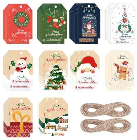 100 Stück Geschenkanhänger Weihnachten, 10 Stile Anhänger Frohe Weihnachten mit 20m Schnur Geschenkanhänger Kraftpapier für Weihnachtsgeschenke