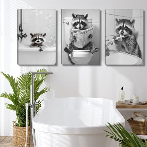 Set of 3 Waschbär Bilder Zum Aufhängen,Bilder Bad Lustig Waschbär,Bild Für Badezimmer,Minimalist Animals In The Bathtub Poster Set,Living Room Bathroom Wall Decoration, Without Frame (30*40cm,A)