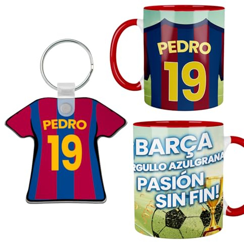 Kembilove® Pack Taza y Llavero Barça Personalizados | Regalo Fútbol Azulgrana con Nombre y Número | Taza Barcelona Personalizada Niño Adulto | Fan Culé | Detalle Original FCB