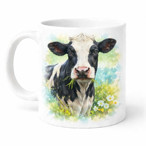 Brew Crew Gifts Dairy Cow Watercolour Mug, White Ceramic, 11 oz, Dishwasher Safe, Microwave Safe Farmyard Theme