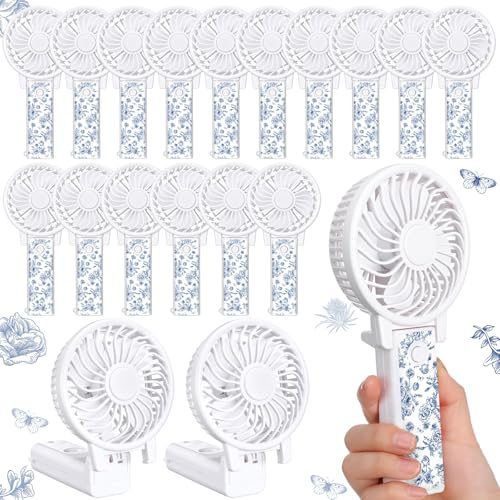 GlikCeil 25 Pcs Blue Floral Party Decorations Bulk Mini Fans 180° Foldable Portable Handheld Desk Fans for Chinoiserie Wedding Guest Gift Bag Stuffers Something Blue Bachelorette Bridal Shower Favors