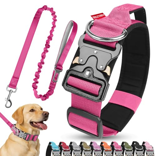 Olcyren Dog Collar and Lead Set, Tactical Dog Collar, Nylon Adjustable Strong Pet Collars with Handle, Soft Padded Pet Collars with Heavy Duty Metal Buckle for Medium Large Dogs (Rose Red, L)