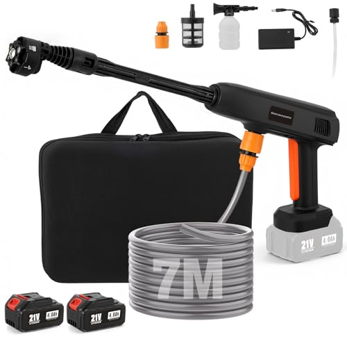 Idropulitrice senza fili con 2 batterie da 4000 mAh, idropulitrice portatile con ugello regolabile 6 in 1, pulizia ultra potente, tubo flessibile da 7 metri per la pulizia di auto e giardino.