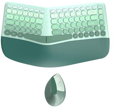 Ergonomic Wireless Keyboard and Vertical Mouse Combo, Split Curved Keyboard with PU Leather Wrist Rest, 2.4G, Membrane Keys, 3-Level Adjustable DPI Mouse, Compatible with Windows/Mac/iOS/Android,Green