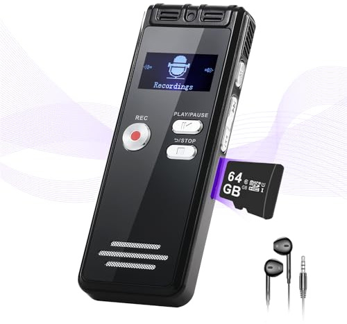 NekSide Registratore vocale digitale da 64G, 1536 kbps, interfaccia di tipo C, dispositivo di registrazione a nastro One-Touch-HD Dual MIC, per conferenze, interviste, riunioni