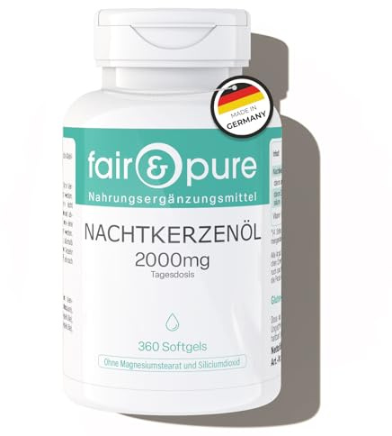 Fair & Pure nattljusolja 2000mg, 360 softgels, 2000mg nattljusolja per daglig dos, linolsyra, vitamin E, kosttillskott utan tillsatser, tillverkat i Tyskland
