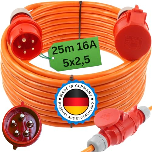netbote24 Starkstromkabel 16A 25m H07BQ-F 5x2,5 Orange Starkstrom Verlängerungskabel CEE Verlängerung 16 Ampere Kabel 5x2,5mm2 Baustelle Werkstatt Industrie Geeignet Outdoor IP44