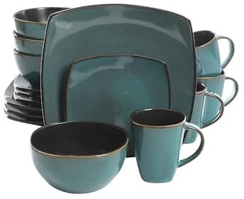 Gibson Elite Soho Lounge Service de Vaisselle 16 pièces Reactive Glaze Soft Square Bleu Sarcelle