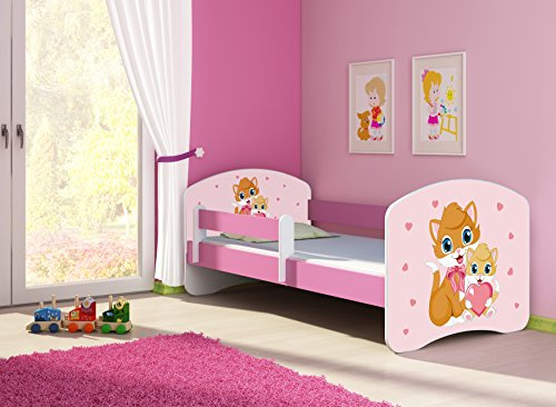 CLAMARO 'Fantasia Pink' 180 x 80 Kinderbett Set inkl. Matratze und Lattenrost, mit verstellbarem Rausfallschutz und Kantenschutzleisten, Design: 33 Kätzchen