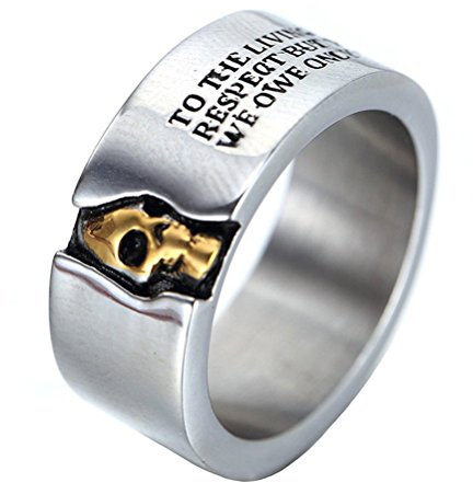 HIJONES Herren Edelstahl Cool Rock Halbe Gesicht Schädel Biker Ring Mit Zitaten 10 Mm Breite Band Größe 65