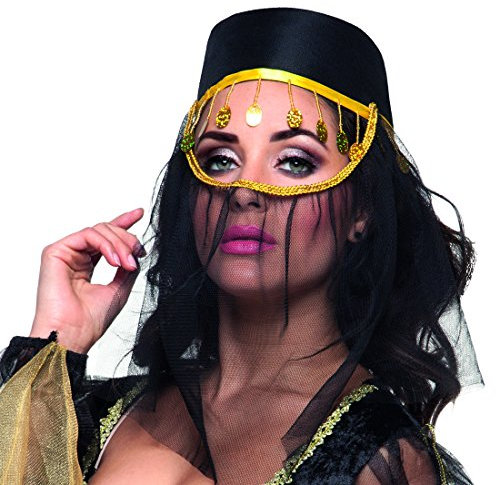 Amakando FES mit Gesichtsschleier - schwarz - Hut mit Schleier Arabischer Kopfschmuck 1001 Nacht Kostümzubehör Haremsdame Accessoire Orientalische Kopfbedeckung