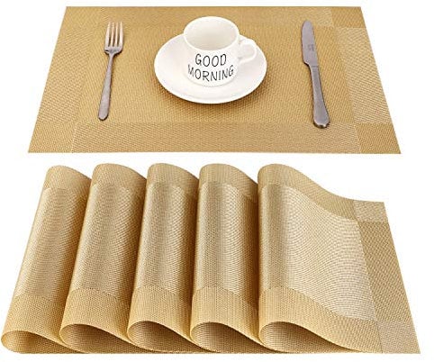 CHAOCHI Tischset Abwaschbar Platzset Abwischbar 6er Set PVC Abgrifffeste Hitzebeständig rutschfest Platzdeckchen für Küche,Zuhause,Restaurant,Speisetisch,45cmx30cm(Gold)