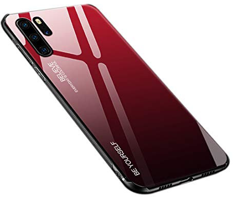 Dqtaoply Dqtaoply für Huawei P30 Pro Hülle, stilvolle Rückseite aus gehärtetem Glas, Silikon-Stoßstangenschutz, Farbverlaufsdesign, stoßfeste, kratzfeste Handyhülle für Huawei P30 Pro – Rot Schwarz