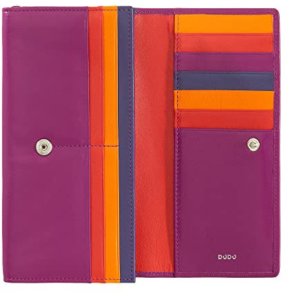 DUDU Brieftasche RFID Damen Leder Farbiges Design Lang mit Münzfach mit Reißverschluss 18 Kreditkartenfächer und Knopfverschluss Fuchsia
