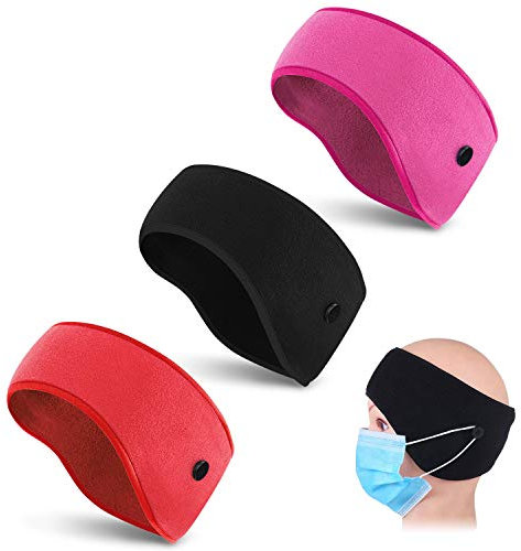 3 Stück Sport Stirnband für Damen Herren,Warm Fleece Stirnbänder mit Knopf,Winddicht Ohrenwärmer für Ski Joggen Fahrrad Running Motorrad (Schwarz + Rosenrot + Rot)