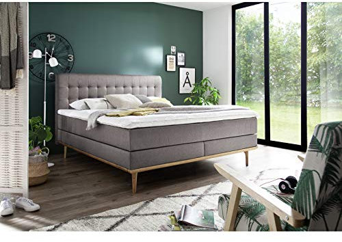Meise Möbel - Boxspringbett Masello, Kopfteil gesteppt, Holzfüße eichefarbig - Taupe, 160x200 cm, 7-ZonenTonnentaschenfederkern 350 H2-3