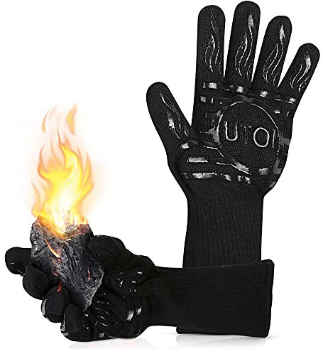 UTOI Grillhandschuhe hitzebeständig bis 800°C, Ofen Handschuhe, Backhandschuhe, Kochhandschuhe für Küche, BBQ Grillen & Lagerfeuer, 33 cm lang, Größe XL, Schwarz