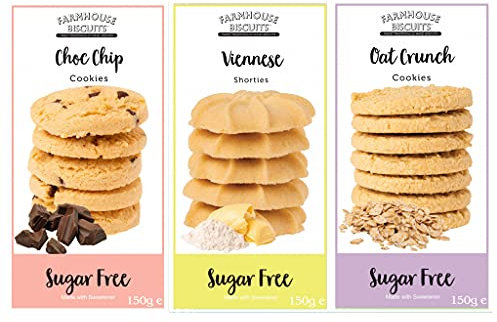 Farmhouse Biscuits Sugar Free Bundle | Pack of 3 | Chocolate Chip Cookies 150g x 1, Viennese Shorties 150g x 1, Oat Crunch Cookies 150g x 1