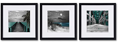 Novup Landschaft Wandkunst Dekor Poster Meereslandschaft Mond Grün Strand Thema Leinwand GicléeDrucke Bilder 3 Stück schwarze Rahmen weiß matt Kunstwerk Landschaft Fotos für Zuhause Küche Wohnzimmer