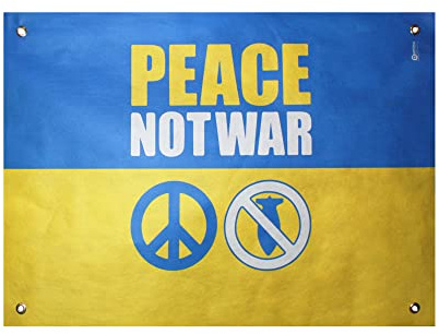 Striscione Bandiera Ucraina Peace Not War 70x100 cm in Tessuto TNT, Bandiera Pace in Ucraina per Balcone, Cancello. Bandiera Ucraina con Occhielli