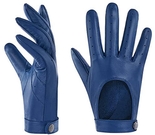 Harssidanzar Autofahrer Lederhandschuhe für Damen,Touchscreen ungefüttert dünne Lederhandschuhe aus Schaffell KL021EU, Blau, Größe M