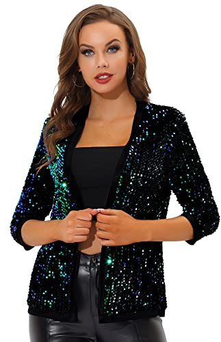 Allegra K Women's Sequin Cardigan Open Front Collarless 3/4 Sleeve Velvet Jacket Green L