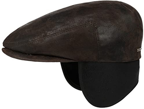 Stetson Kent Pigskin Flat Cap Herren Made in EU Mit Ohrenklappen Aus 100% Leder Mit Fleecefutter Herbst Winter Dunkelbraun S (54-55 cm)