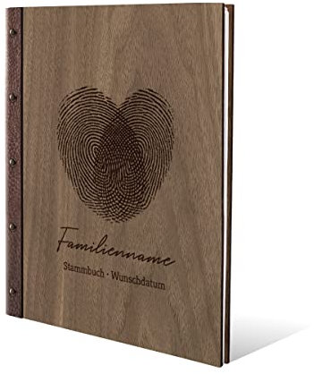 Stammbuch der Familie Holz mit Echtleder Rücken Gravur individuell mit Extras DIN A4 Nussbaum Amerikanisch - Fingerabdrücke