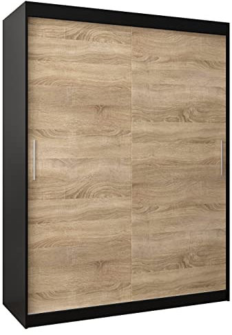 ABIKSMEBLE Tokyo 150 Armario de Dormitorios con Dos Puertas Correderas - Armario de Almacenamiento Moderno con Perchero y Estantes - 150x200x62 cm - Negro Mate + Sonoma