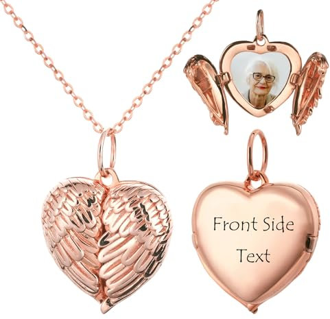 MeMeDIY Collar Foto Personalizado Medallón de Corazón Ángel Alas Colgante para Mujer Material de Plata de Ley 925 para Parejas Madre Hija (C3: Rose Gold Angel Wings)