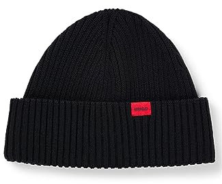 HUGO Herren Xishon Gerippte Mütze mit rotem Logo-Label Schwarz Stck