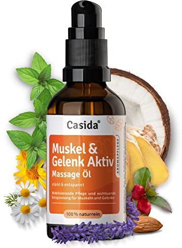 Casida® Muskel & Gelenk Aktiv Massage Öl - aktivierendes Massageöl aus 100% naturreinen Ölen - Pflege bei Muskelschmerzen, Gelenksschmerzen und Rückenschmerzen - 50 ml