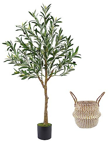 Warmplants Künstlicher Olivenbaum, 1.2 m hoch, künstliche Olivenblätter, Pflanze mit Korb, für drinnen und draußen, künstlicher Olivenbaum, Formschnitt, Seidenbaum für Zuhause, Büro, Dekoration
