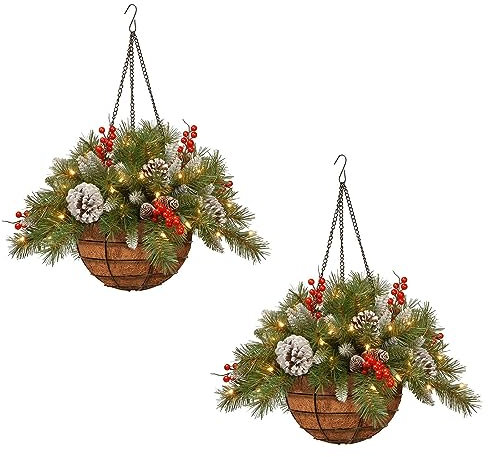 JOCCOS Pre-Lit Artificial Christmas Hanging Basket with Pine Cones Berry Clusters Frosted Branches, Xmas Hanging Basket for Porch Front Door Holiday Decor (2PCS)