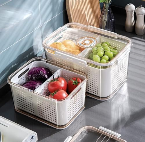 Frischhaltedose Kühlschrank, Vorratsdose mit Deckel, Organizer 3er Set (1,5L + 4L + 8,4L), Frischhaltefunktion, Datumsanzeige, Abtropfsieb, Aufbewahrung, Obst, Gemüse