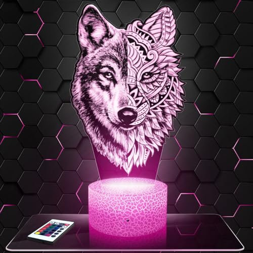 Lampephoto.fr Nachttischlampe Wolf Doppelseitig deko Tier Realistisch Mandala. Geschenkidee Mann Frau objekt Wolf Doppelseitig Nachtlicht Erwachsene deko Zimmer. TOP
