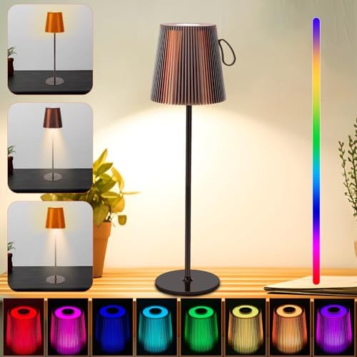 LED Tischleuchte Kabellos, Dimmbare LED Akku Tischleuchte, Warme Lichtfarbe 3000K+RGB, Magnetisches Design, Akku Tischlampe Aufladbar mit USB, IP54 Wasserdichte für Indoor Outdoor Schlafzimmer Bar