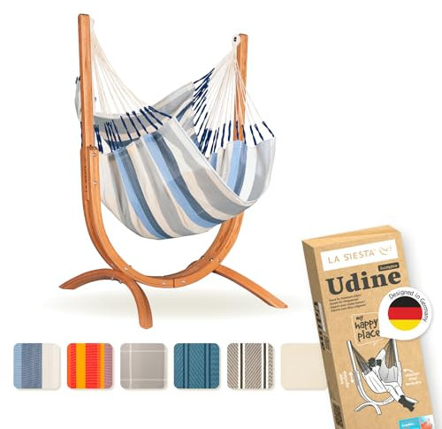 LA SIESTA® – Wetterfester Hängesessel Udine mit Holzständer – Handgefertigter, Reißfester Outdoor Hängesessel mit Gestell – FSC-zertifizierter Eukalyptus-Hängesessel mit Gestell für Outdoor–Sea Salt