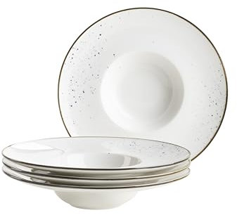 MÄSER Serie Pintar, hochwertiges Gourmetteller-Set, 4-teilig mit Ø 26 cm, breiter Tellerrand, mit heller Glasur, visuellen blauen Sprenkeln und feinem Rand im Vintage Look, Porzellan