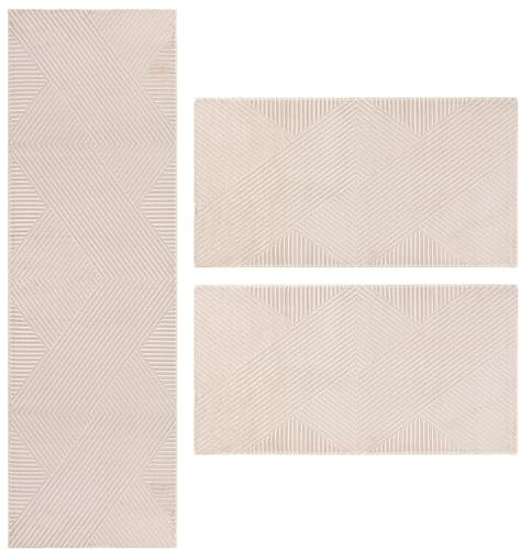 Carpetsale24 Bettumrandung Schlafzimmer 3 teilig Kurzflor Teppich Beige Bettvorleger Schlafzimmer Bettset: 2 St. 80x150 cm | 1 St. 80x250 cm - Skandinavischer Teppich Läufer Set Boho-Stil Einfarbig