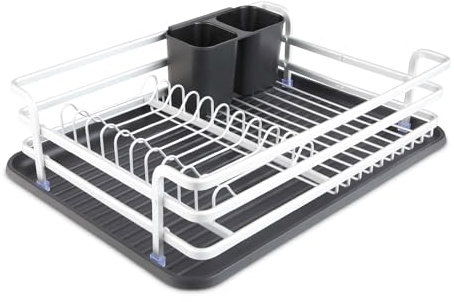 Tower T814006BLK - Escurridor de Platos de Aluminio con Soporte extraíble para Cubiertos, Estante extraíble y Bandeja antigoteo, Acero Inoxidable