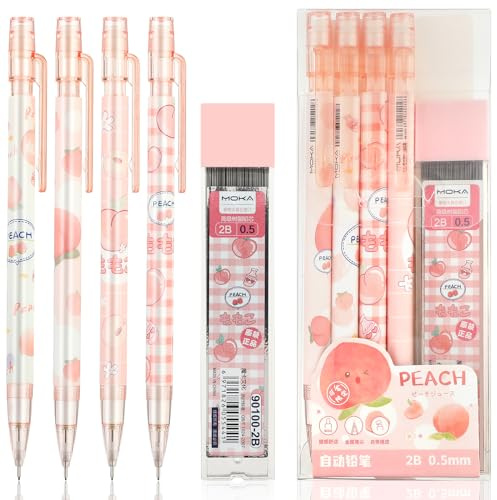 4 Stück Druckbleistift Set,Mabor Bleistiftmine Pfirsich Druckbleistift mit Radiergummi und 1 Tuben 0,5mm für Schüler zum Schreiben Schulsachen Bürobedarf