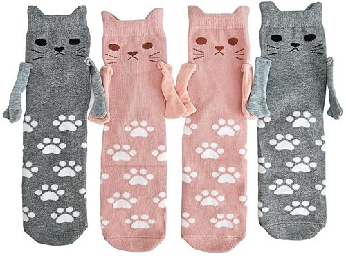 BusyPet Socken für Erwachsene, lustig, magnetisch, Einheitsgröße, Katzenpfotensocken, Sortiert: rosa (1 Paar), grau (1 Paar), Einheitsgröße