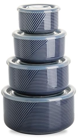 Adewnest Keramik-Nistschüssel mit Deckel: Rührschüsseln mit Deckel, Porzellan-Frischhaltedosen für Zubereitung und Servieren, mikrowellengeeignet, 4 Stück, 50/32/20/284.5 g (Marineblau)