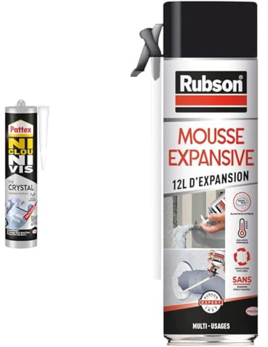 Pattex Ni Clou Ni Vis | Fix Crystal (cartouche de 290 g) – Colle de fixation extra & Rubson | Mousse Expansive Multi-Usages (aérosol de 300 ml) Blanche – Mousse polyuréthane pour isolation, calage