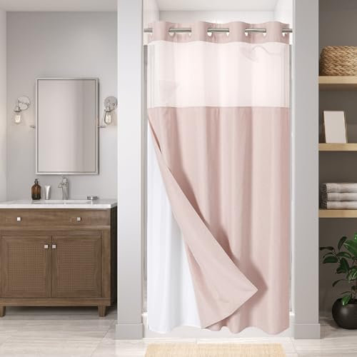 eachope Stall Rideau de douche texturé en lin avec doublure en tissu à clipser – Rideau de douche rustique imperméable et lavable pour salle de bain – 137 x 203 cm (l x H) – Rose poudré