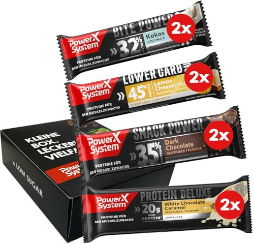 Power System Eiweißriegel Probier-Set 4 Sorten je 2x Protein Riegel Bite Power, Lower Carb, Snack Power, Protein Deluxe