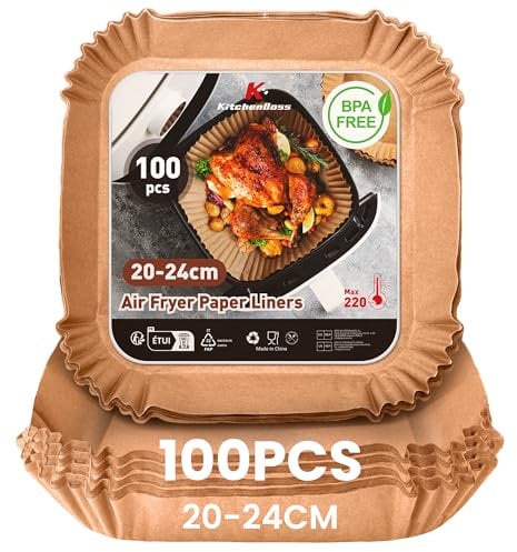 KitchenBoss Papel Para Freidora de Aire: 100 Piezas Papel Air Fryer Cuadrado 20-24CM, Papel Desechable Freidora Aire Antiadherente Impermeable a Prueba de Aceite Para 5-8L Freidora, Horno, Microondas
