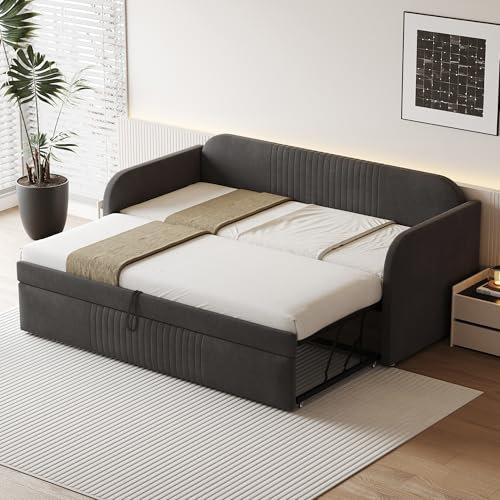 Dolamaní Schlafsofa 90/180x190 cm mit gästebett, Ausziehbett gleiche höhe, Bett Ausziehbar zum Doppelbett, Leinenstoff, Ohne Matratze (Grau)